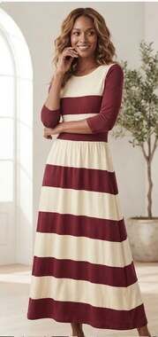 Dainty Jewells Maxi Dress Sz S Round Neck Lined Modest Burgandy Cream 3/4 Sleeve
